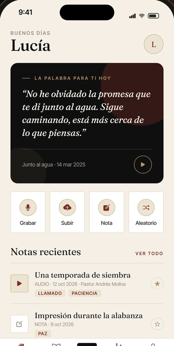 Pantalla de inicio de Rhema+ con una palabra guardada