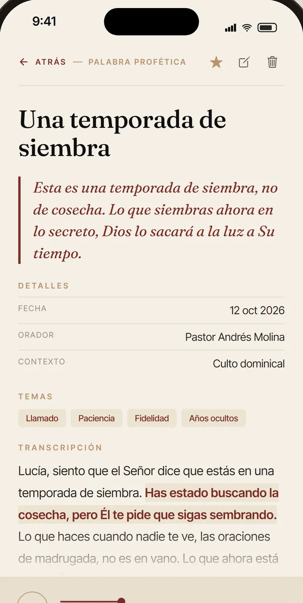 Una palabra transcrita con resumen y temas