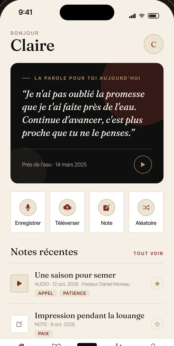 Écran d'accueil de Rhema+ avec une parole enregistrée