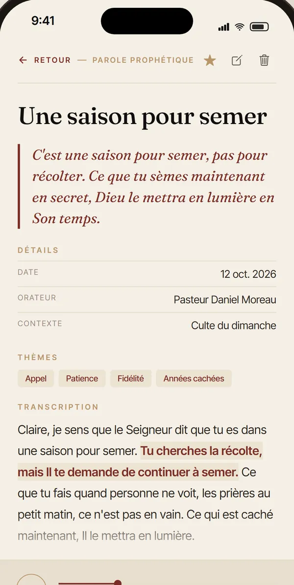 Une parole transcrite avec résumé et thèmes