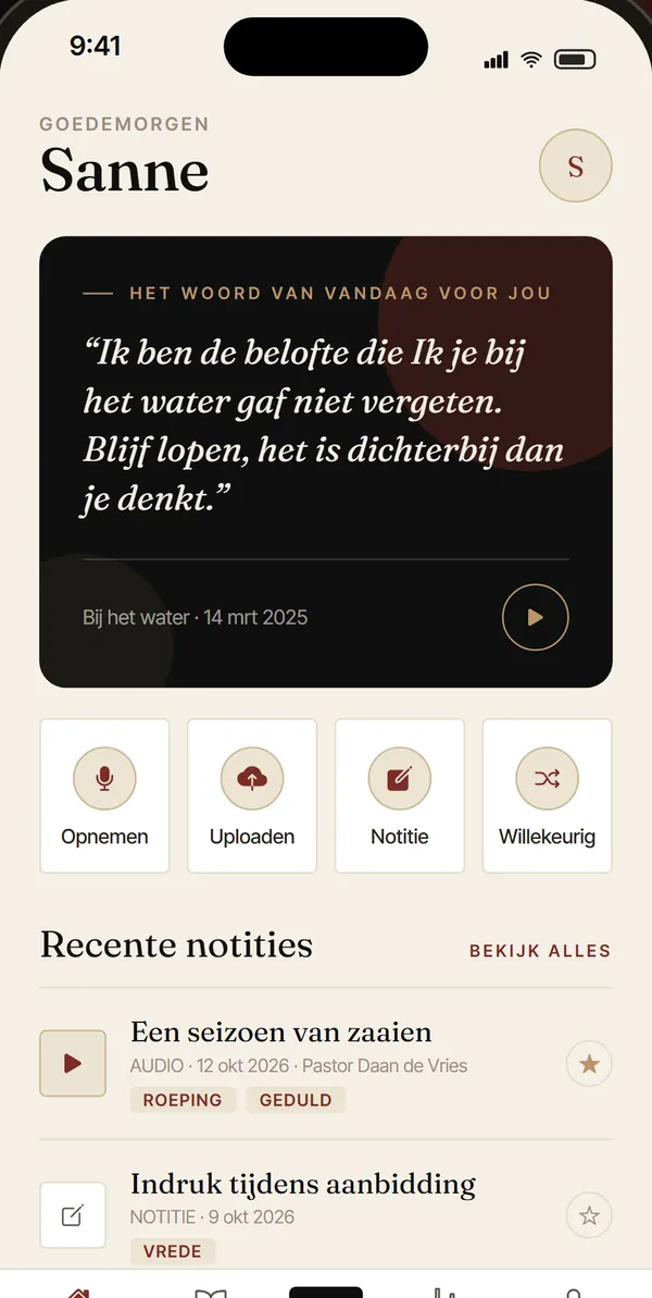 Startscherm van Rhema+ met een bewaard woord