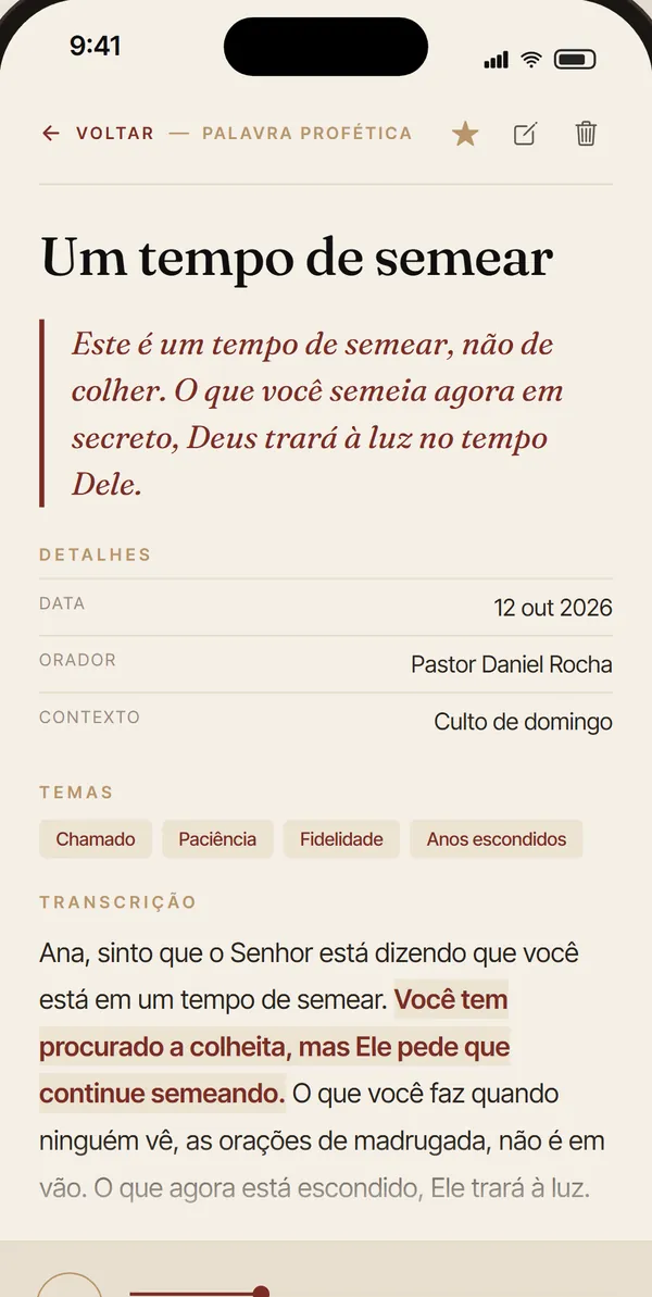Uma palavra transcrita com resumo e temas